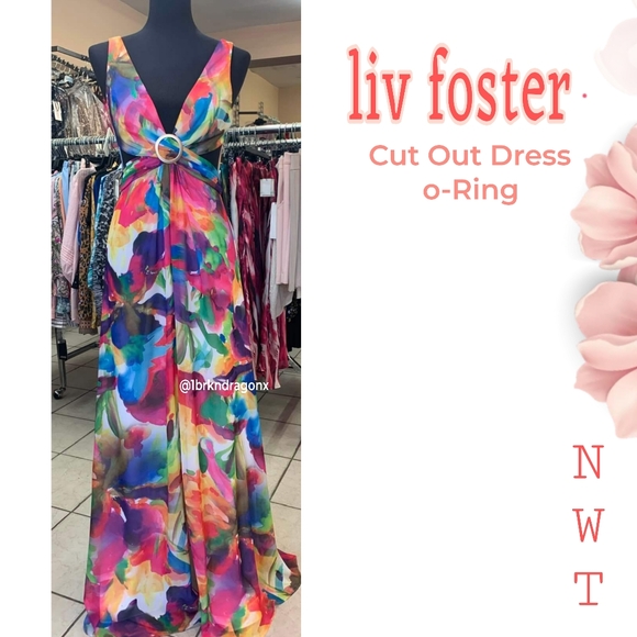 NWT Cut Out Dress Tropical Beach Tye-Die Floral Floor Length Dress A-Line Slit - Picture 9 of 16